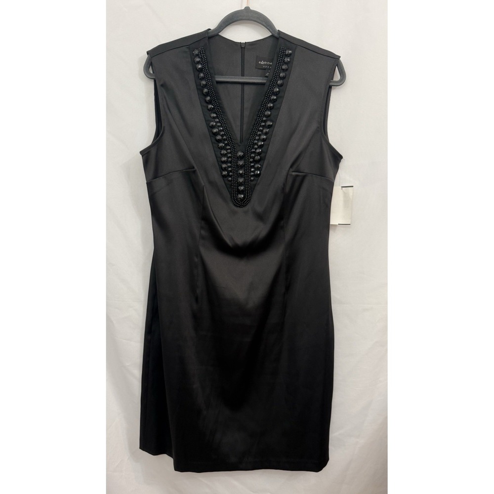 NWT Connected Apparel V Neck Black Satin Beaded Womensโ Dress Size 14